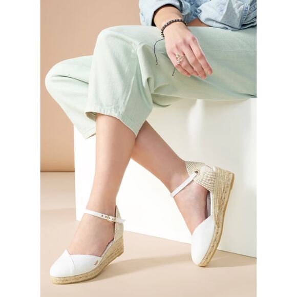 VISCATA Wedge Shoes Womens Size 39 Beige White Pubol Canvas Espadrille Heels - Picture 1 of 13